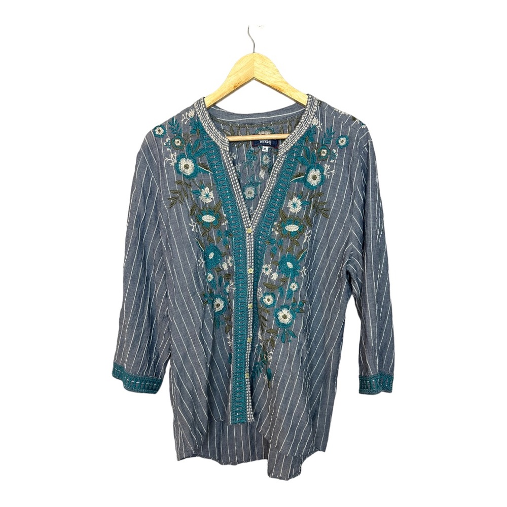 Johnny Was Workshop Blue White striped Blouse Floral Embroidered Boho XL